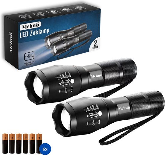 Melmö Zaklamp LED - Zaklamp LED 2 Stuks - 5 Standen - Straal 1000 Meter - 1200 Lumen - Militaire Zaklamp - Noodpakket - Kampeerlamp - Waterproof - Inclusief 6x AAA Batterijen - Zwart