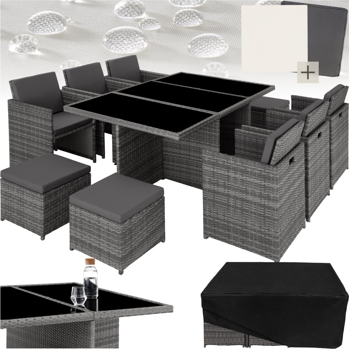 tectake® Loungemeubelset - Wicker tuinset - 6 stoelen, 4 krukken en 1 tafel - Tuinmeubelen voor balkon, tuin en terras - Inclusief beschermhoes en kussens - Met 2 kleuren hoezensets - Gemakkelijk te onderhouden - Glazen tafelblad - Grijs