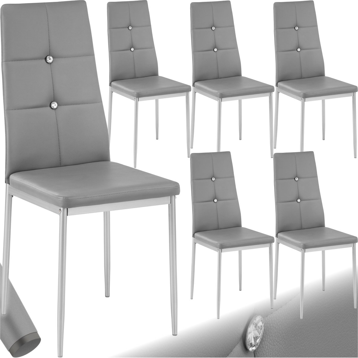 Tectake Moderne Stoelen - Set van 6 - Stoelen met Kunstleren Bekleding en Strass-Steentjes - Geschikt als Keukenstoel, Eetkamerstoel of Gestoffeerde Stoel voor Woonkamer, Eettafel, Bar - Grijs