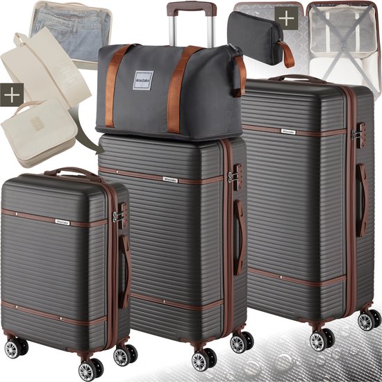 tectake® Set de valises - Set de voyage de 13 pièces - Ensemble de valises - Ensemble de bagages avec valise à main, valise à bagages en soute grande, sac de voyage, trousse de toilette, sac d’accessoires - Trolley avec serrure TSA - Anthracite