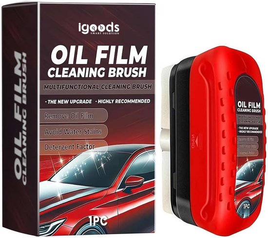Doos en rode reinigingsborstel voor autoruiten met de tekst 'OIL FILM CLEANING BRUSH'.