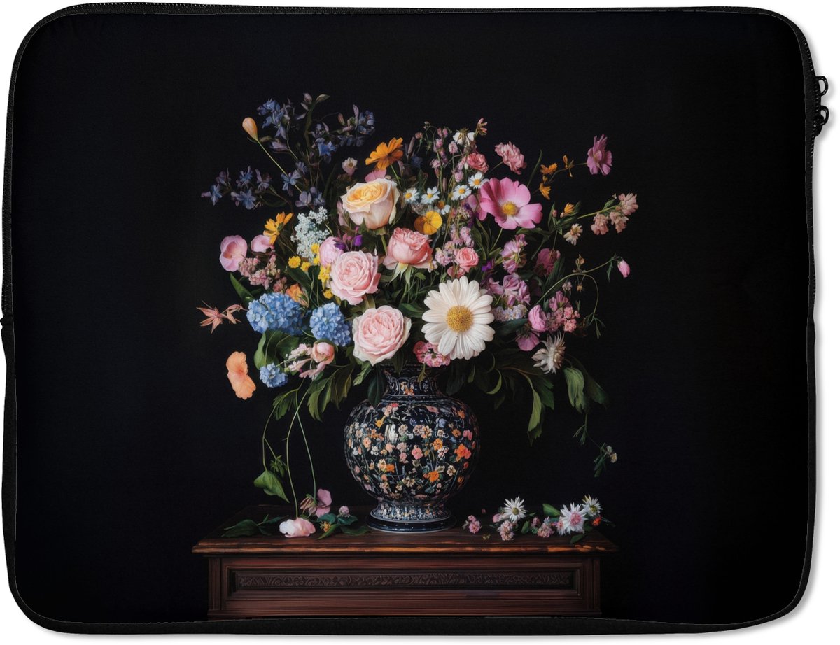 Laptophoes 17 inch - Bloemenvaas - Hout - Bloemen - Boeket - Laptop sleeve - Binnenmaat 41x28 cm - Zwarte achterkant