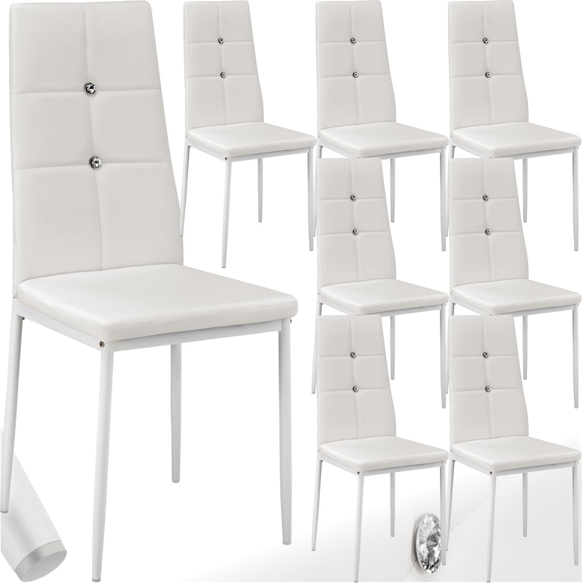 Tectake Set van eetkamerstoelen - Kunstleren stoelen met Strass-steentjes - Hoge rugleuning - Minimalistische, elegante stoel - Gering gewicht en eenvoudige montage - Afmetingen (LxBxH) 40 x 42 x 97 cm - Belastbaar tot 120 kg - Set van 8 - Wit