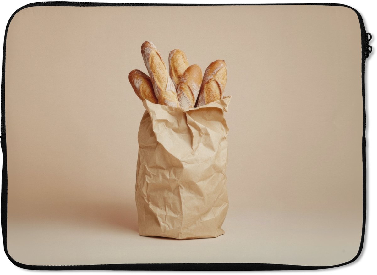 Laptophoes 13 inch - Baguette - Brood - Stokbrood - Beige - Laptop sleeve - Binnenmaat 32x22,5 cm - Zwarte achterkant