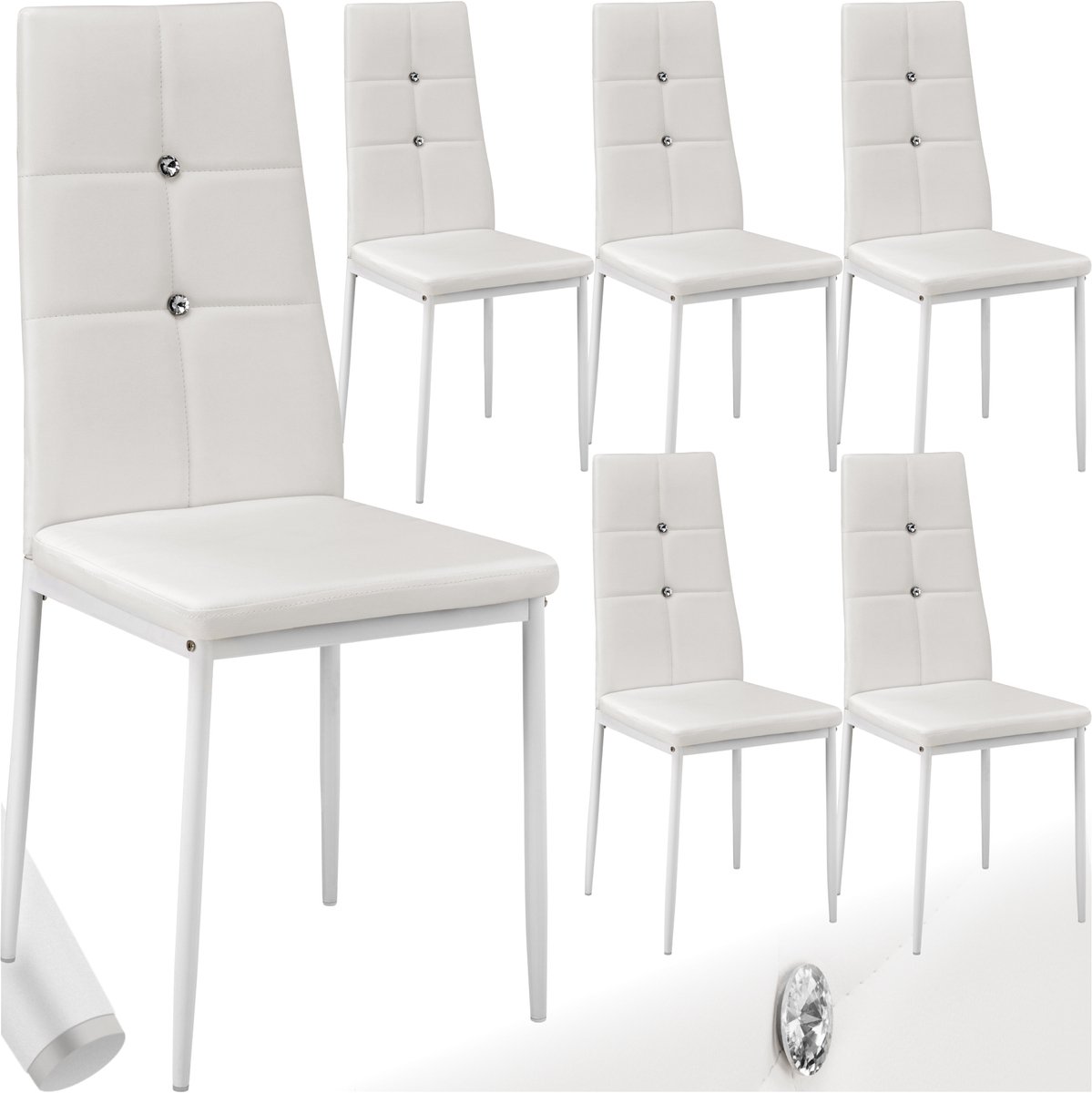 Tectake Moderne Stoelen - Set Stoelen met Kunstleren Bekleding en Strass-Steentjes - Geschikt als Keukenstoel, Eetkamerstoel of Gestoffeerde Stoel voor Woonkamer, Eettafel, Bar (Wit, set van 6)