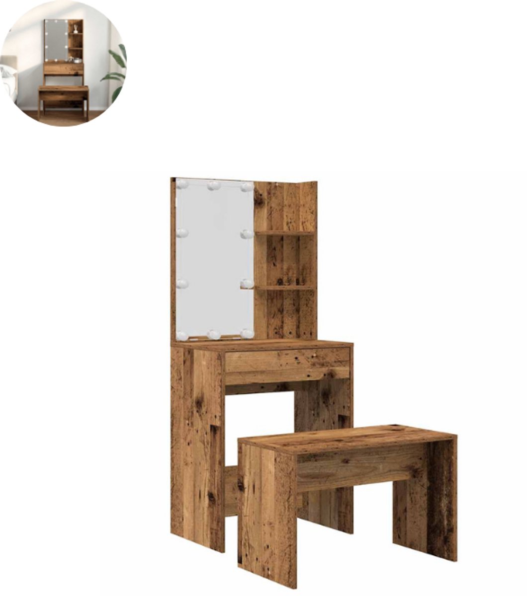 Kaptafel met spiegel - Make up tafel - Make up - Toilettafel - Met lades - Oud Hout