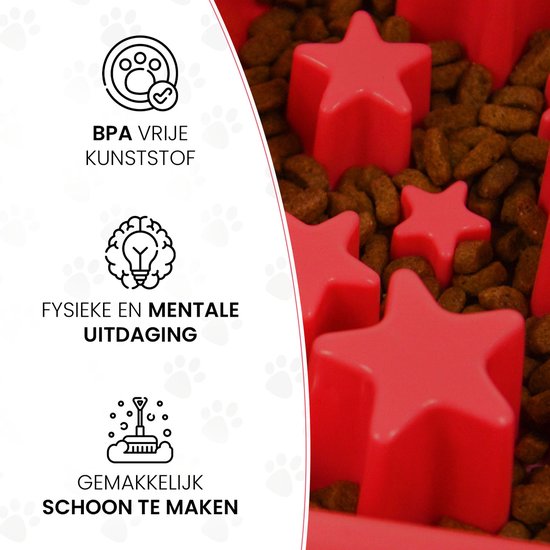 Gedetailleerde close-up van rode voerbak met sterren en hondenbrokken. Teksten "BPA VRIJE KUNSTSTOF", "FYSIEKE EN MENTALE UITDAGING", "GEMAKKELIJK SCHOON TE MAKEN".