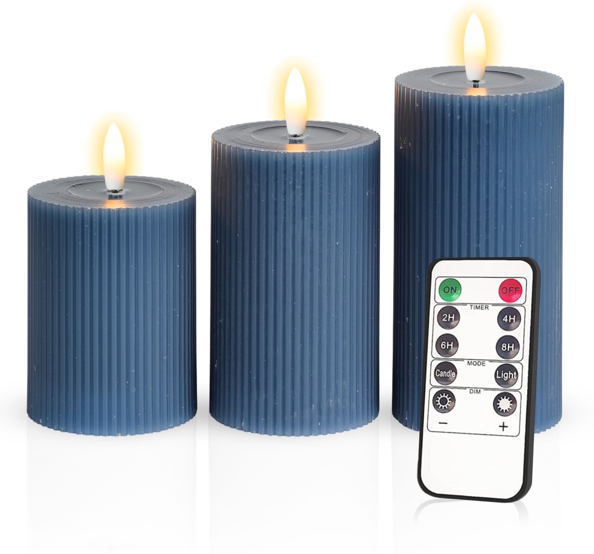 Meisterhome – 3 x Led Stompkaars Ribbel - Blauw – Stompkaars Echte wax - Led kaarsen - 10 / 12.5 / 15 cm Hoog - Met afstandsbediening – Timer 2/4/6/8 uur - Dimbaar