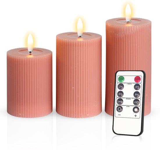 Meisterhome – 3 x Led Stompkaars Ribbel - Oud Roze – Stompkaars Echte wax - Led kaarsen - 10 / 12.5 / 15 cm Hoog - Met afstandsbediening – Timer 2/4/6/8 uur - Dimbaar