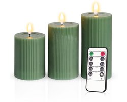 foto van Meisterhome – 3 x Led Stompkaars Ribbel - Groen – Stompkaars Echte wax - Led kaarsen - 10 / 12.5 / 15 cm Hoog - Met afstandsbediening – Timer 2/4/6/8 uur - Dimbaar