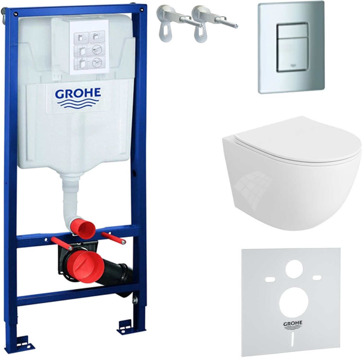 Inbouwreservoir Complete Toiletset Grohe Solido 39069000 - Inbouw WC Hangtoilet Wandcloset Sinto Wit Hoogglans - Bedieningsplaat EVEN 4in1 Chroom - Voorwandelement - Installatiesysteem