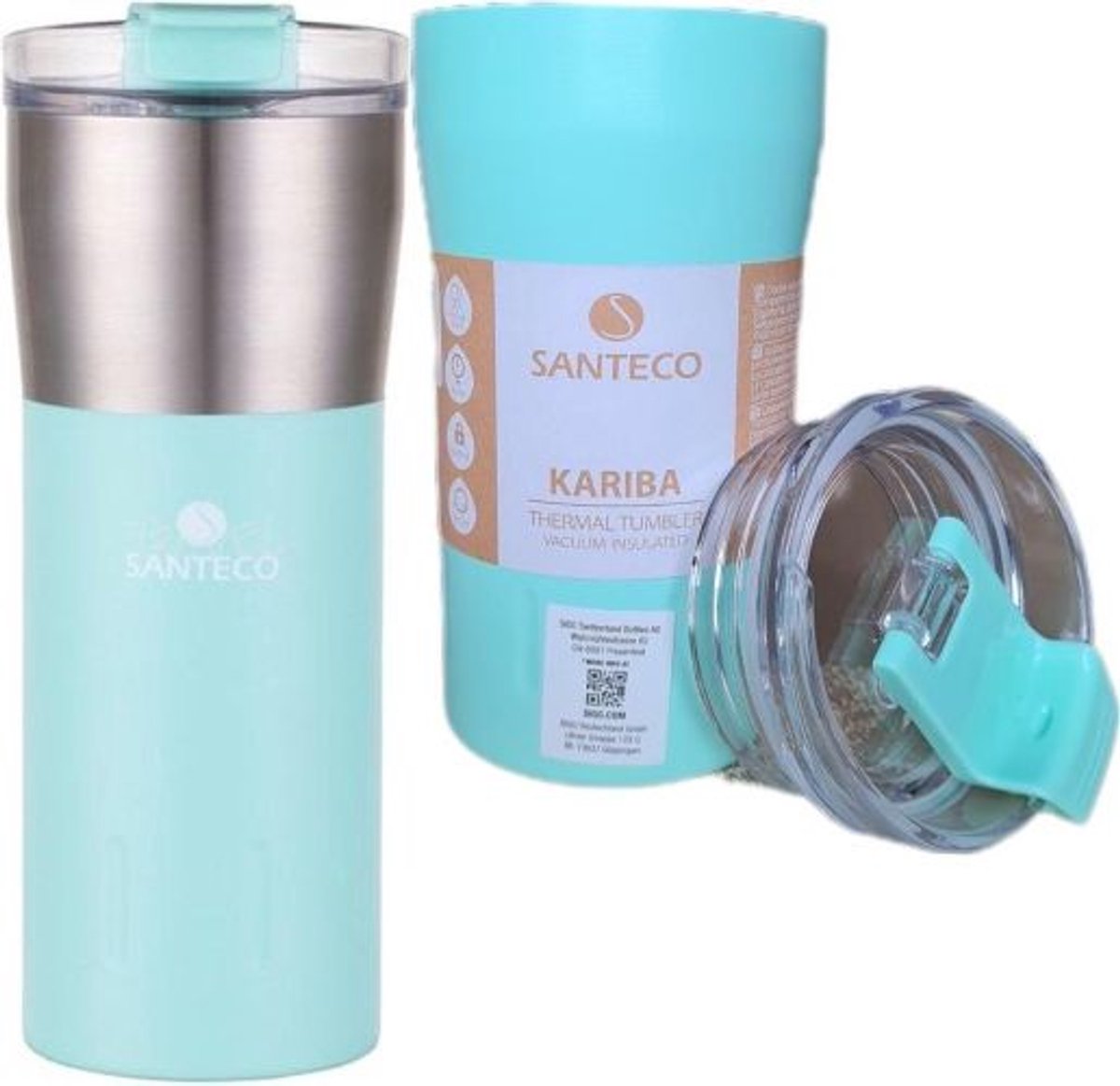 Santeco Kariba Thermosbeker Set – 350ml & 500ml – Lekvrij & Dubbelwandig – RVS Isolatie – Mintgroen – Koffiebeker & Theebeker