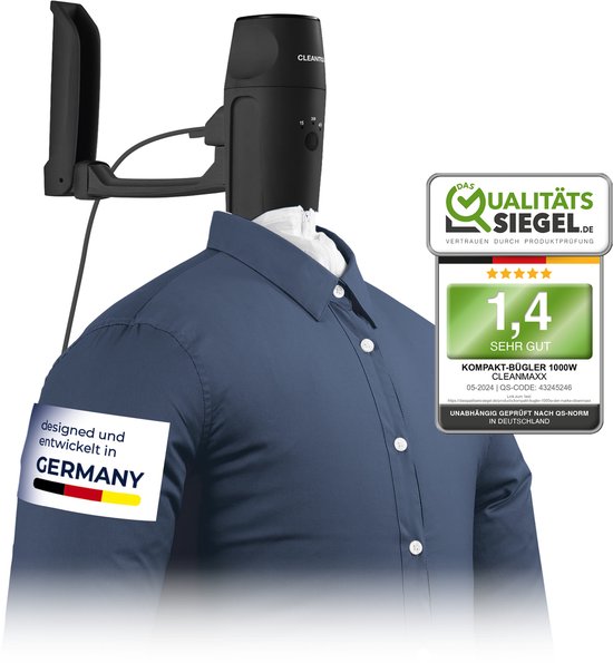 CLEANmaxx PRO KOMPAKT strijkijzer voor overhemden - eenvoudig op te hangen aan de deur & automatisch strijken - zwart/zilver