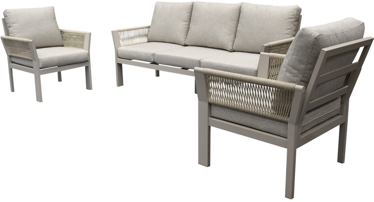 AVH-Collectie Saigon stoel bank loungeset 3 delig latte zand aluminium Zand / Latte / Linen