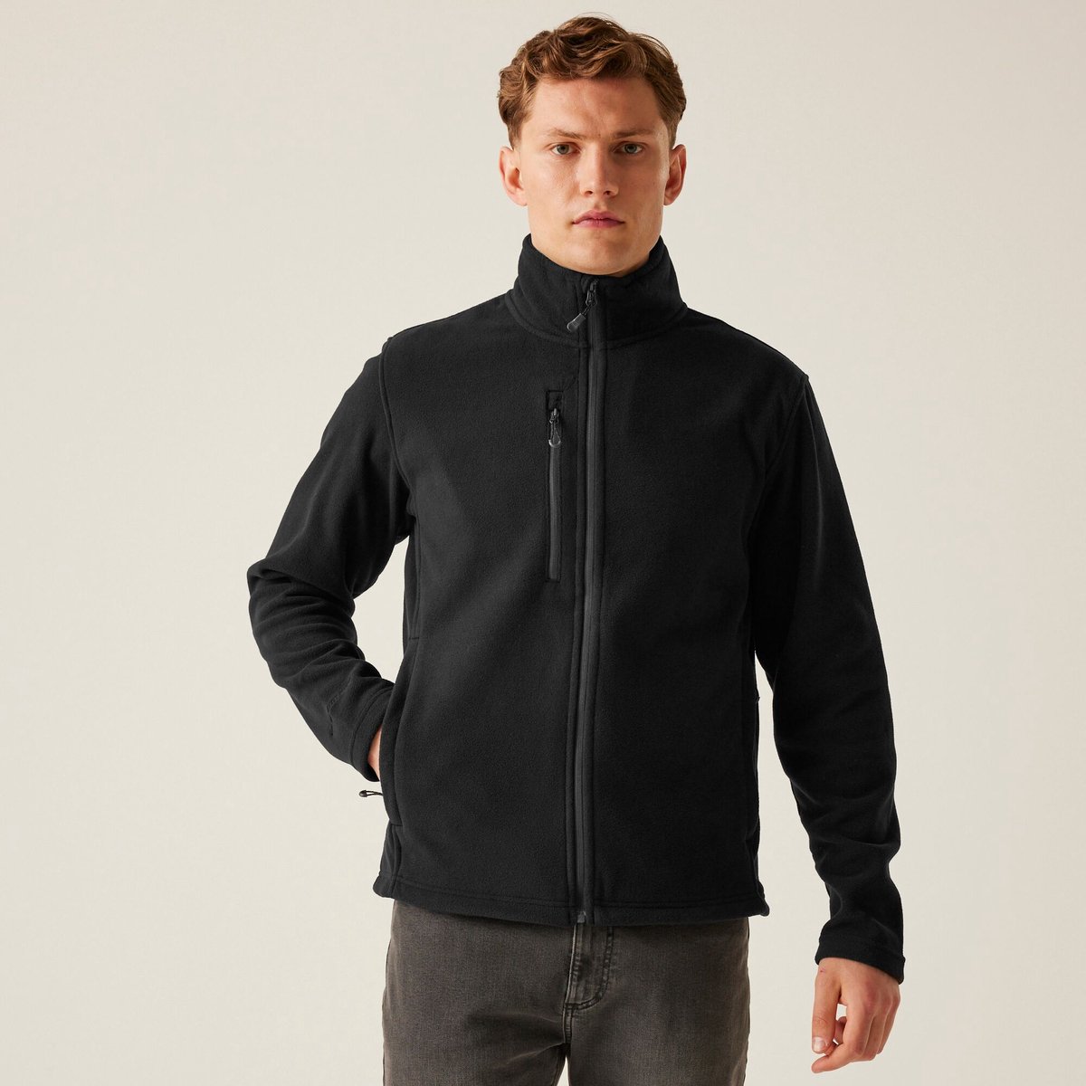 Fleece Heren Recycled Volledige Rits Hoge Kraag Zwart