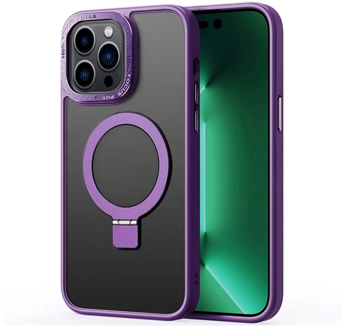 Cityhoesje - iPhone 15 Pro - Magnetic - Ring Holder Kickstand - Protective – Backcase - Paars