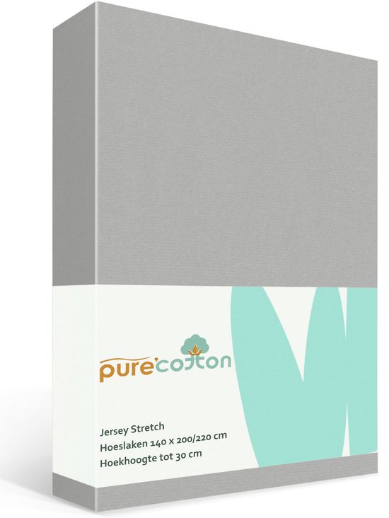 Grijze verpakking van "pure cotton" jersey stretch hoeslaken, 140x200 cm, hoekhoogte 30 cm.