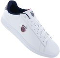 Witte K-Swiss sneaker met geborduurd K-Swiss schildlogo op de zijkant en navy hiel.
