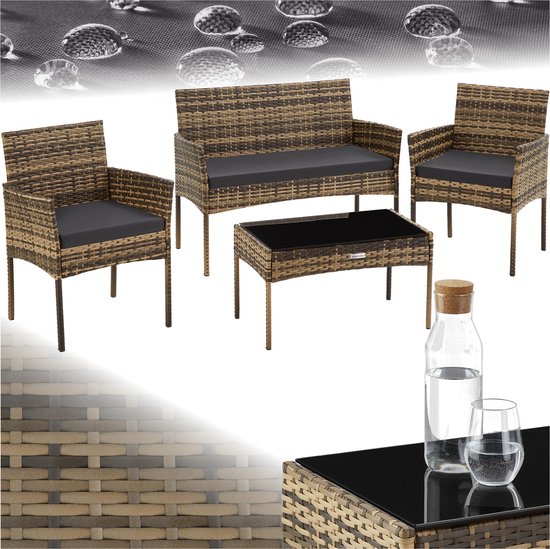 tectake® - Wicker tuinset Palese - Zitgroep voor 4 personen - Tuinmeubelset met loungebank, tuintafel en 2 tuinstoelen inclusief zitkussens - Tuinmeubelen - Waterafstotend - Grijs