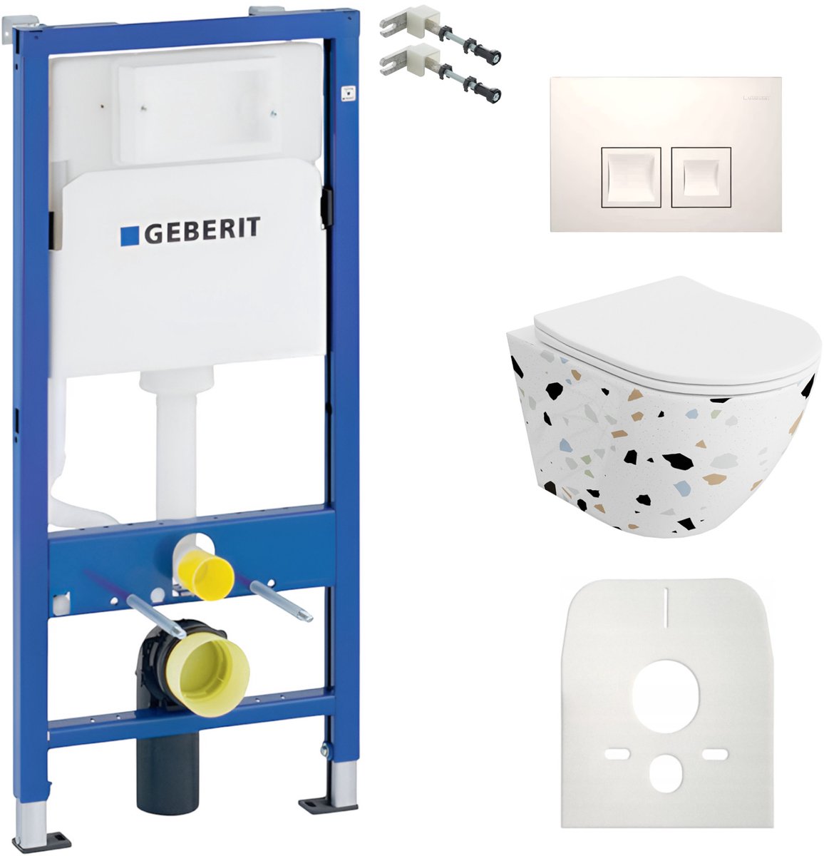 Inbouwreservoir Complete Toiletset Geberit Duofix Basic - Inbouw WC Hangtoilet Wandcloset SOFI SLIM STONE Wit Mat - Bedieningsplaat DELTA Wit - Voorwandelement - Installatiesysteem