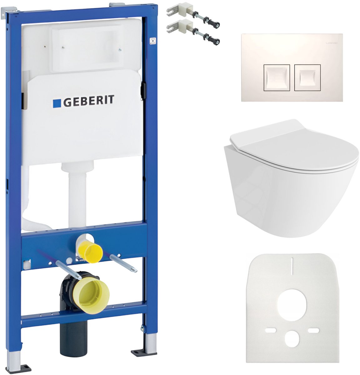 Inbouwreservoir Complete Toiletset Geberit Duofix Basic - Inbouw WC Hangtoilet Wandcloset SOGO SLIM Wit Hoogglans - Bedieningsplaat DELTA Wit - Voorwandelement - Installatiesysteem