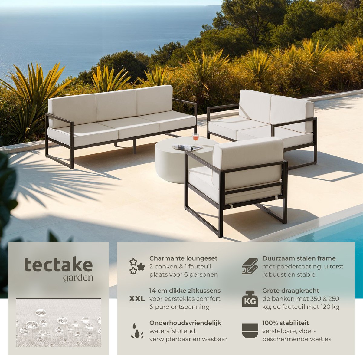 tectake® - Tuin-loungeset Comosa - Voor 6 personen - Tuinset - Grote bank, kleine bank en fauteuil - Waterafstotende en ultradikke zit-en rugkussens - Draagkracht 120kg per zitplaats - Bruin/beige – foto 7