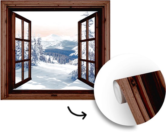 Behang - Fotobehang Winter - Landschap - Natuur - Berg - Bomen - Doorkijk - Uitzicht - Breedte 350 cm x hoogte 350 cm