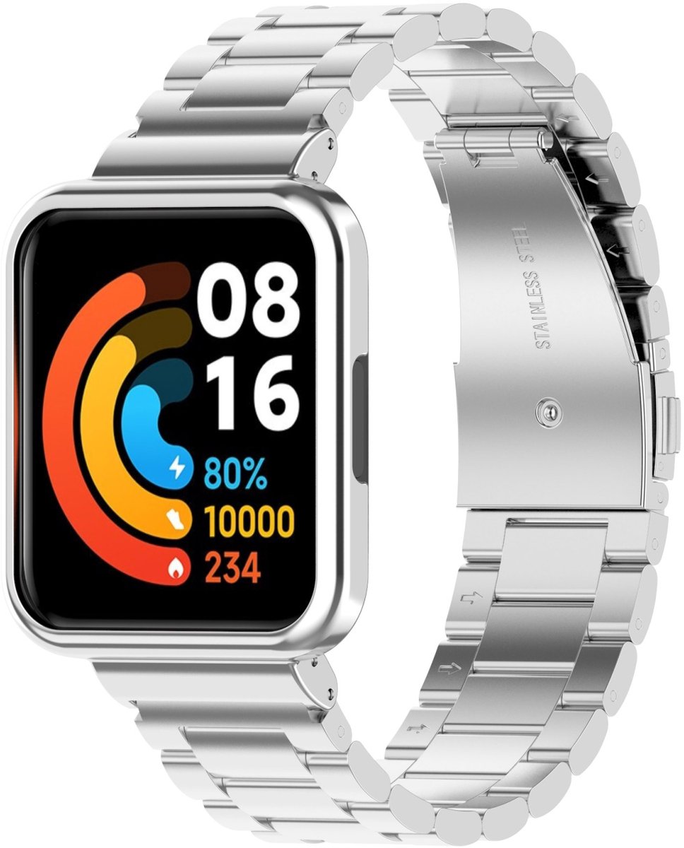 By Qubix - Stalen schakelband met case - Zilver - Geschikt voor Xiaomi Redmi Watch 2 (Lite)