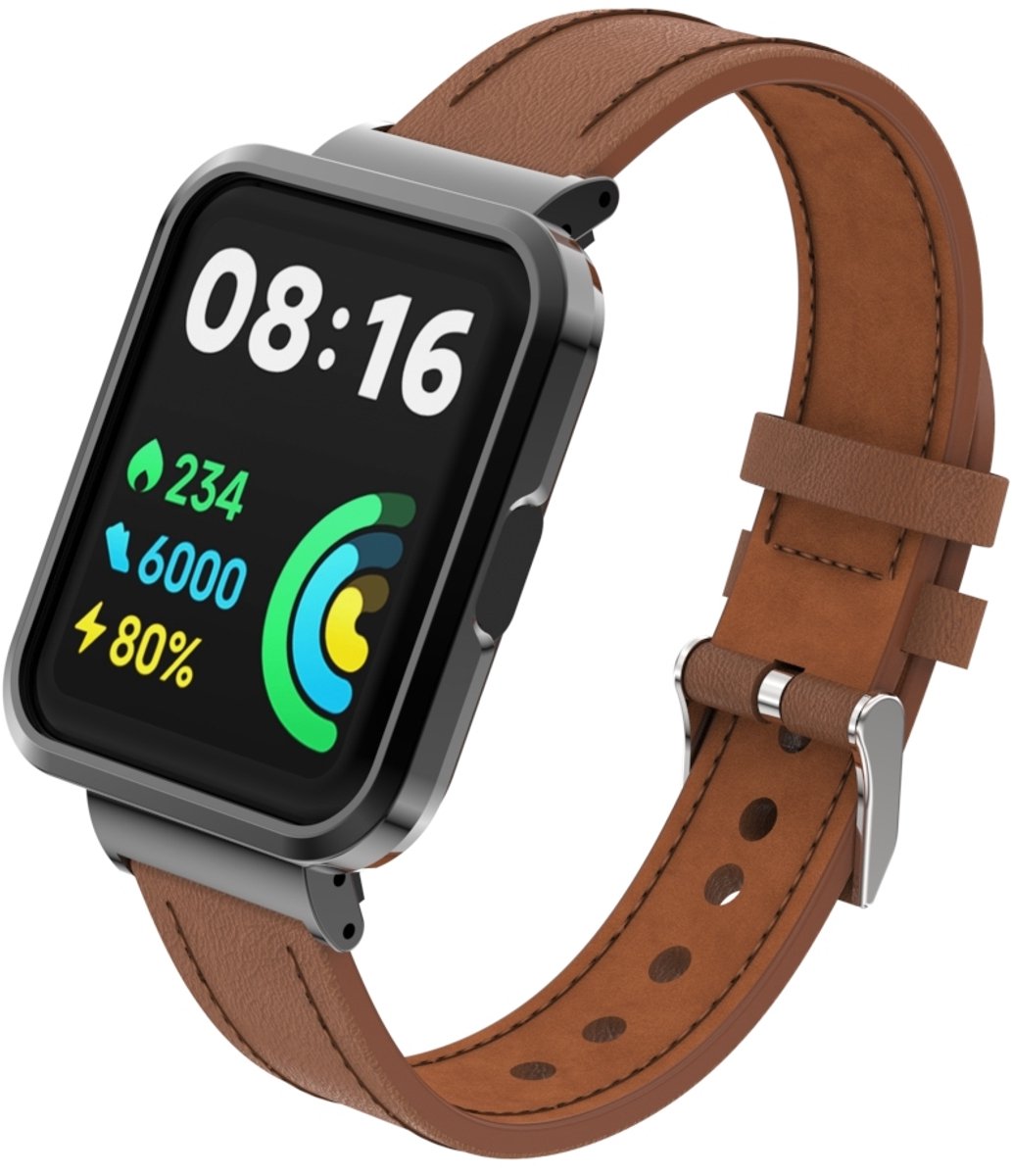 By Qubix - Leren band met case - Bruin - Geschikt voor Xiaomi Redmi Watch 2 (Lite)