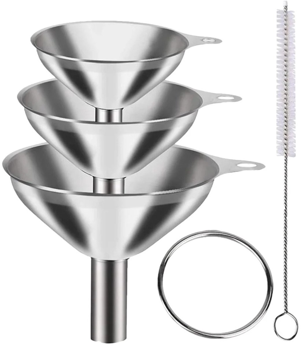 WiseGoods Premium 3-In-1 Roestvrijstalen Trechter Set - Trechters Voor Vullen Flessen / Oliën / Vloeistoffen / Kruiden / Poeders
