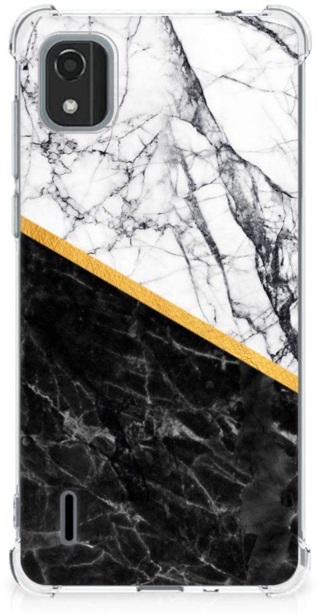 Nokia C2 2nd Edition Anti-Shock Hoesje Marmer Wit Zwart - Origineel Cadeau Man