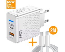 Snellader Usb C Adapter 65W - Incl 100W Usb C kabel - 2M Usb C kabel - GaN Supercharger 65W - Geschikt voor Iphone Samsung - oplader
