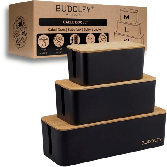 BUDDLEY Kabelbox Zwart Bamboe (SET) – Kabeldoos – Kabel Opbergbox Stekkerdoos – Kabel Management onder bureau