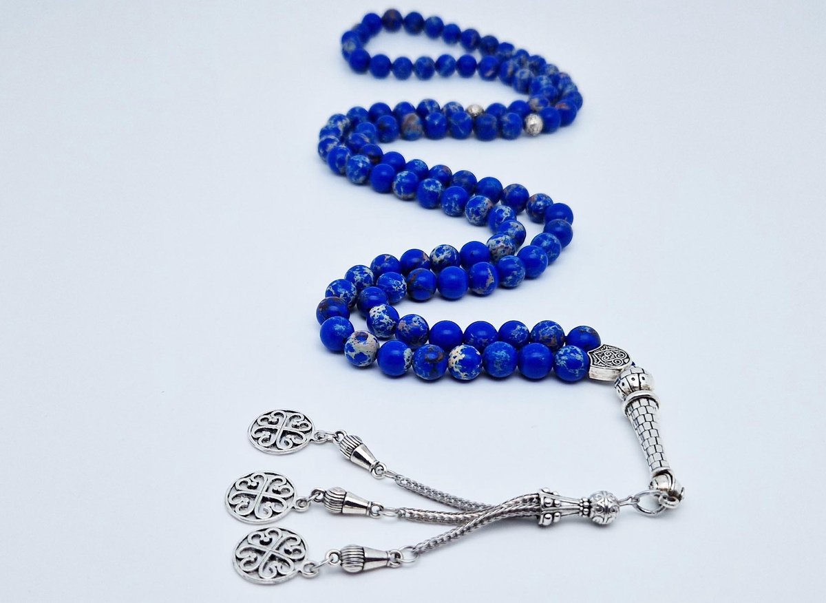 Handgemaakte tesbih "Tasbih" natuursteen " Lapis Lazuli" - Aantal kralen 99 - Diameter kralen 8MM - met metaal tassel "Arabesk" - Een mooi cadeau-idee
