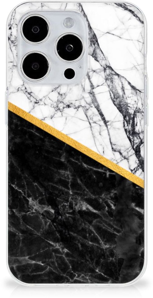 iPhone 15 Pro TPU Siliconen Hoesje Marmer Wit Zwart - Origineel Cadeau Man