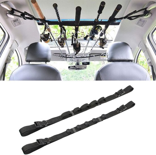 2 pièces - Support de canne à pêche pour voiture - Attaches pour canne à pêche pour voiture - Convient pour voiture SUV Break - Peut contenir 5 cannes à pêche - Longueur réglable - Facile à installer - Gain de place dans la voiture - Zwart