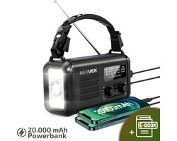 Nexvex® Pulse 2X Noodradio Powerbank 20000mAh - Solar Powerbank Zonneenergie - Noodpakket - Survival Kit Kamperen - Militaire Zaklamp LED Oplaadbaar - Draagbare Radio Wandelen - Leeslamp - Nood Kompas - Opwindbaar - Zonnepaneel - Noodrantsoen - Zwart