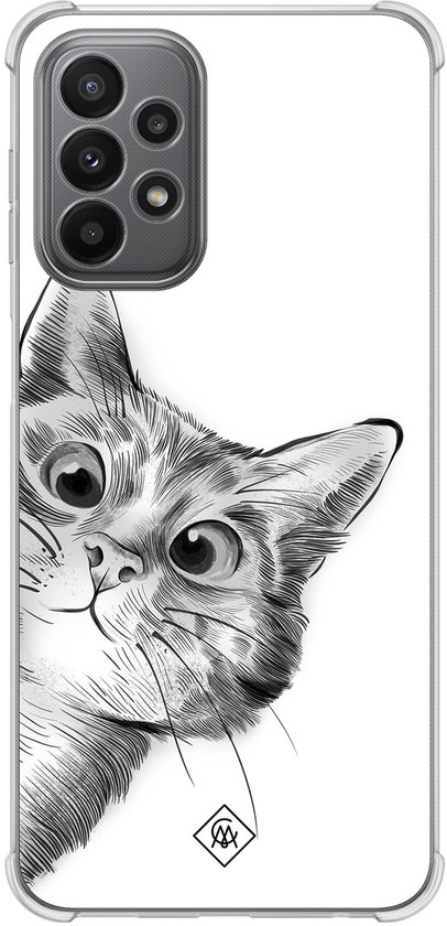 Coque - Compatible avec Samsung Galaxy A23 - Chat Peekaboo - Coque antichoc - Extra résistante - Siliconen/ TPU - Grijs, Transparent