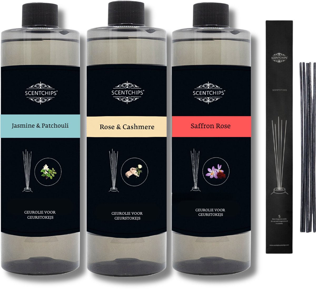 Scentchips Navulling Jasmine & Patchouli + Rose & Cashmere + Saffron Rose + Geurstokjes - Geurstokjes Navulling Set van 3 + 5 Geurstokjes - Geurverspreider - Luchtverfrisser - Huisparfum - 400ml x 3