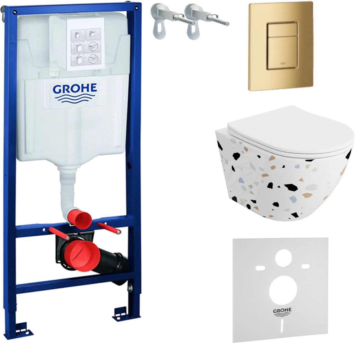 Inbouwreservoir Complete Toiletset Grohe Solido 39069000 - Inbouw WC Hangtoilet Wandcloset Sofi Slim Stone - Bedieningsplaat Skate Cosmopolitan 38732GL0 Gouden - Voorwandelement