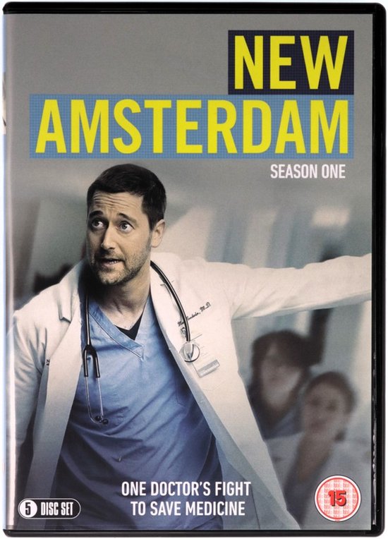 DVD hoes van New Amsterdam Seizoen 1 met Dr. Max Goodwin in ziekenhuisoutfit, met de tekst 'One Doctor's Fight to Save Medicine'.