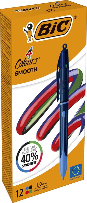Boîte de 12 stylos-bille BIC 4 Colours Smooth avec corps bleu et pointe moyenne de 1,0 mm.