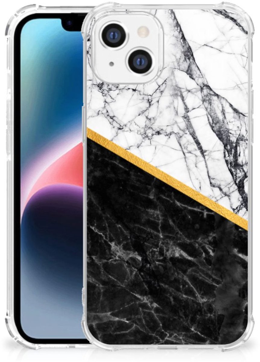 Apple iPhone 14 Plus Anti-Shock Hoesje Marmer Wit Zwart - Origineel Cadeau Man