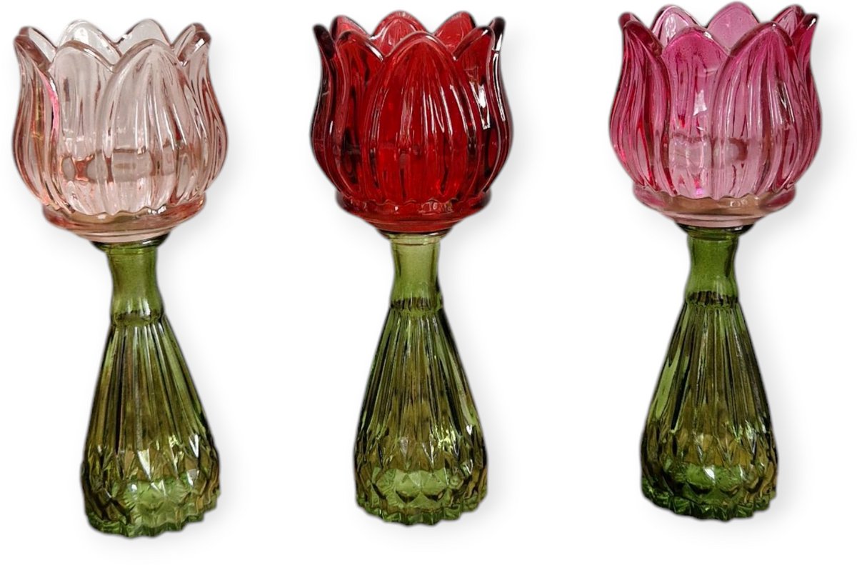 Daan Kromhout - Waxine houders - Kaarsenhouders - Set van 3 - Tulp - Glas - Roze mix - 7x18cm
