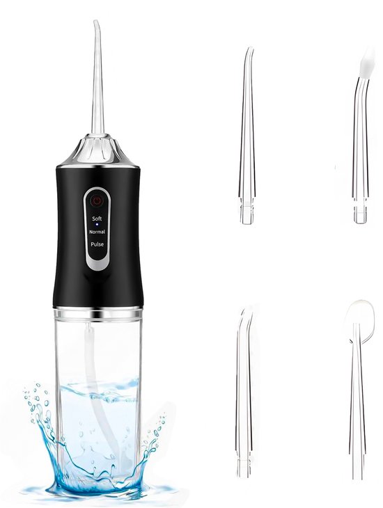 Foto: Waterflosser monddouche water flosser elektrisch flosapparaat draadloos oplaadbaar waterdicht tandsteen tandplak verwijderaar zwart