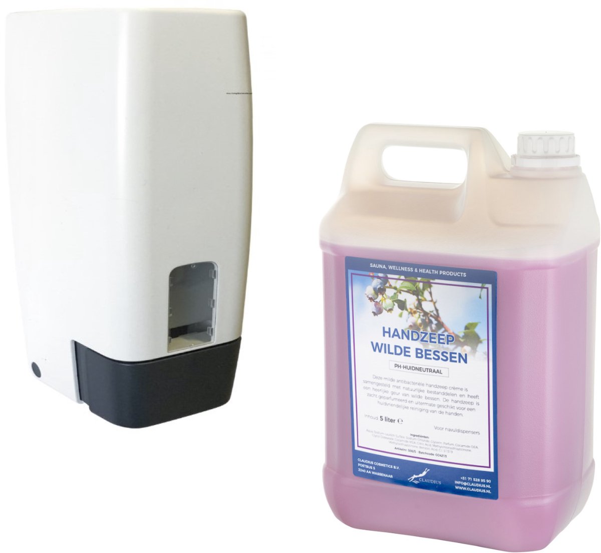 Zeepdispenser 1 liter kunststof hervulbaar + 5 liter handzeep Wilde Bessen