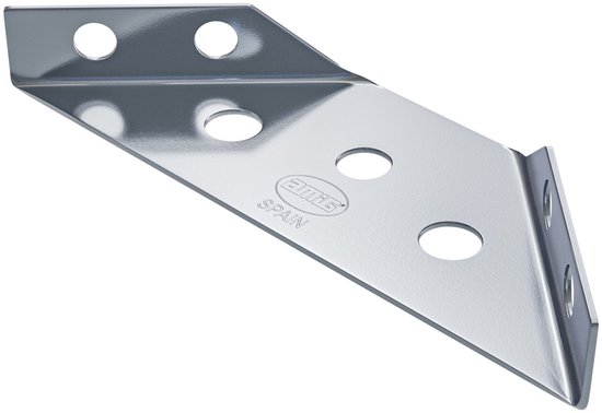 Verchroomde metalen hoekversterker met 6 gaten en de tekst 'AMIG SPAIN'.