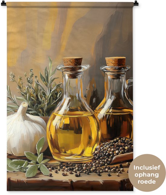 Tapisserie murale 90x135 cm - Toile murale Nature morte - Huile d'olive - Ail - Herbes - Tapisserie - Tapisseries