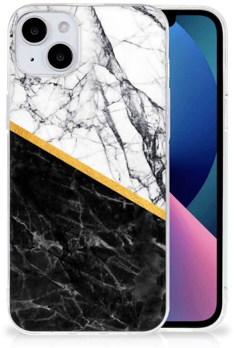 iPhone 15 Plus TPU Siliconen Hoesje Marmer Wit Zwart - Origineel Cadeau Man