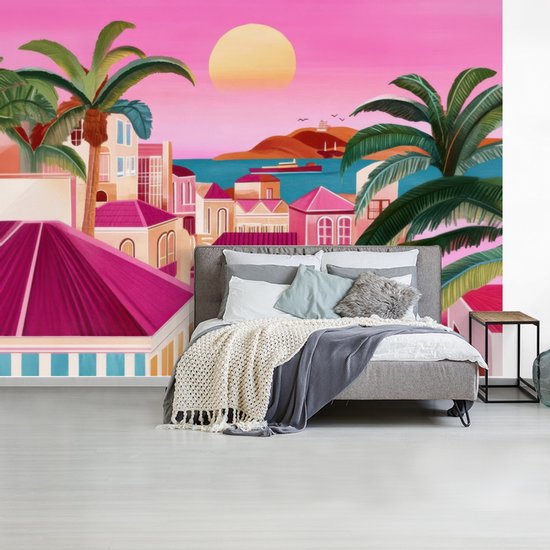 Behang - Fotobehang Stad - Roze - Palmbomen - Breedte 320 cm x hoogte 240 cm